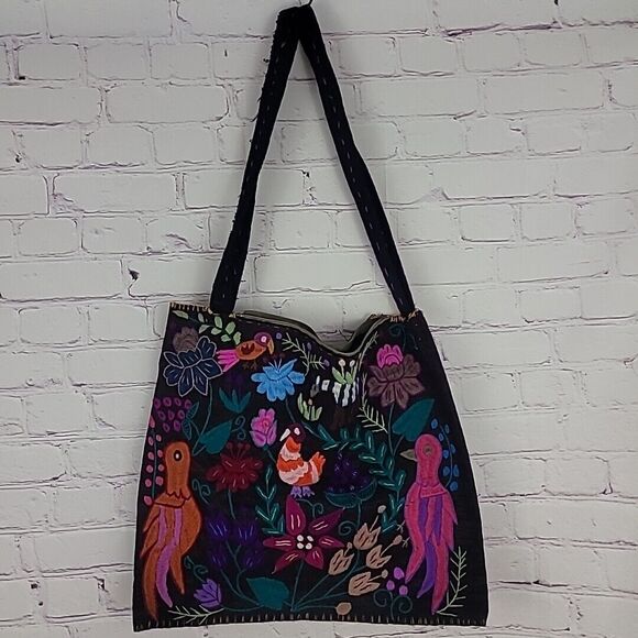 Floral & Birds Embroidered Handmade Tote Bag Multicolored Zipper Closure - Picture 1 of 9